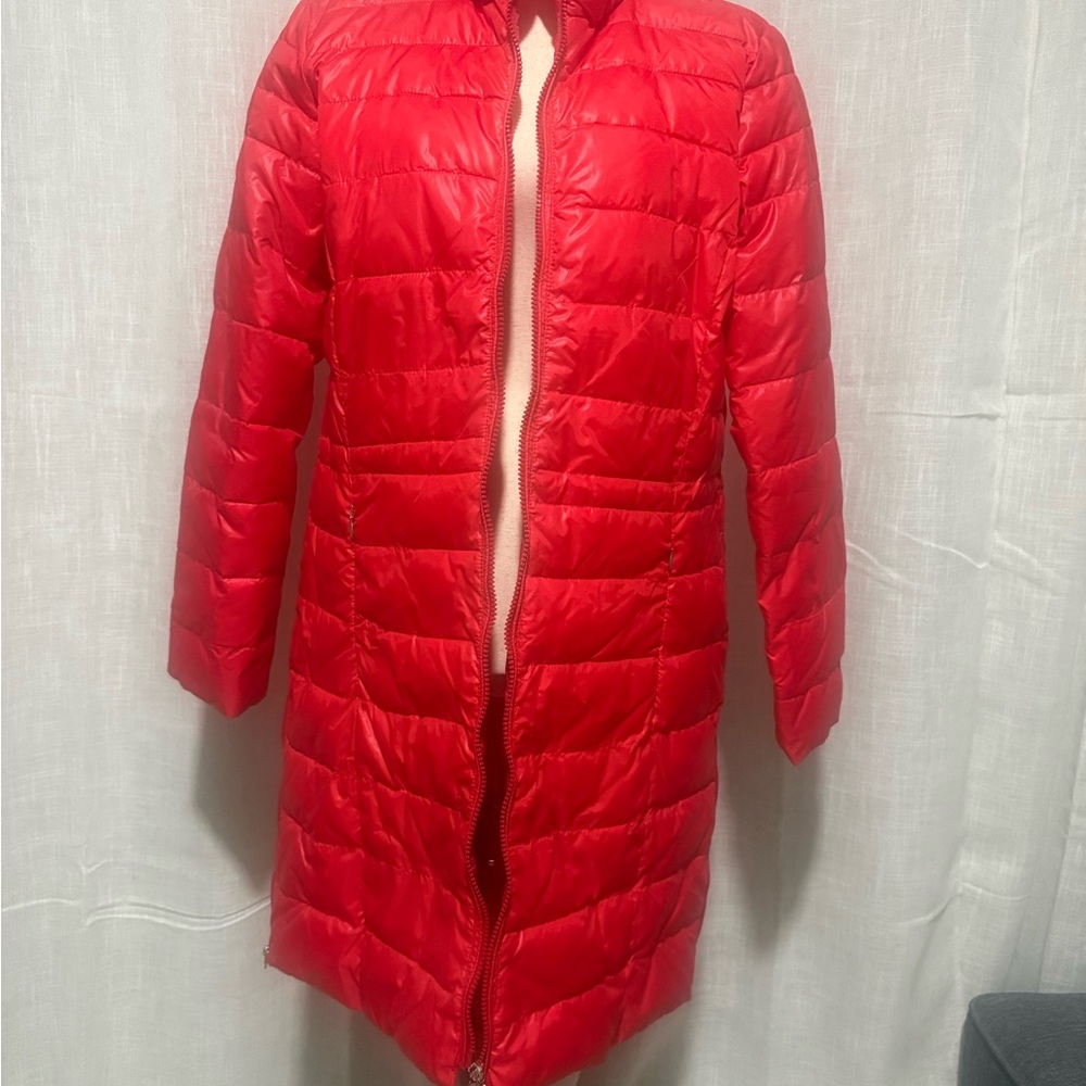 Tribal puffer coat quilted duck down medium bright coral color